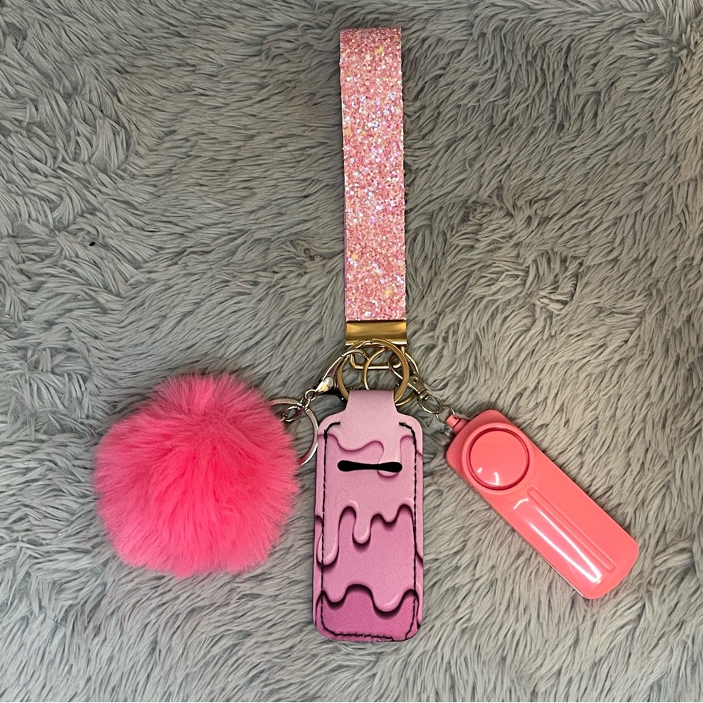 Pink Glitter Handmade wristlet Keychain Set with Pom Pom